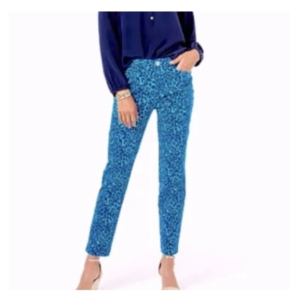 Lilly Pulitzer Kelly Ankle Pants Womens 12‎ Blue Leopard Print Stretch Trousers